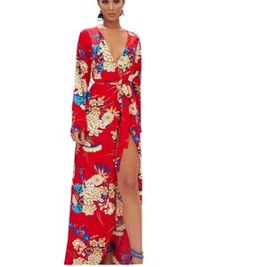Prettylittlething PLT Red Floral Print Kimono Maxi Dress size 4 NEW